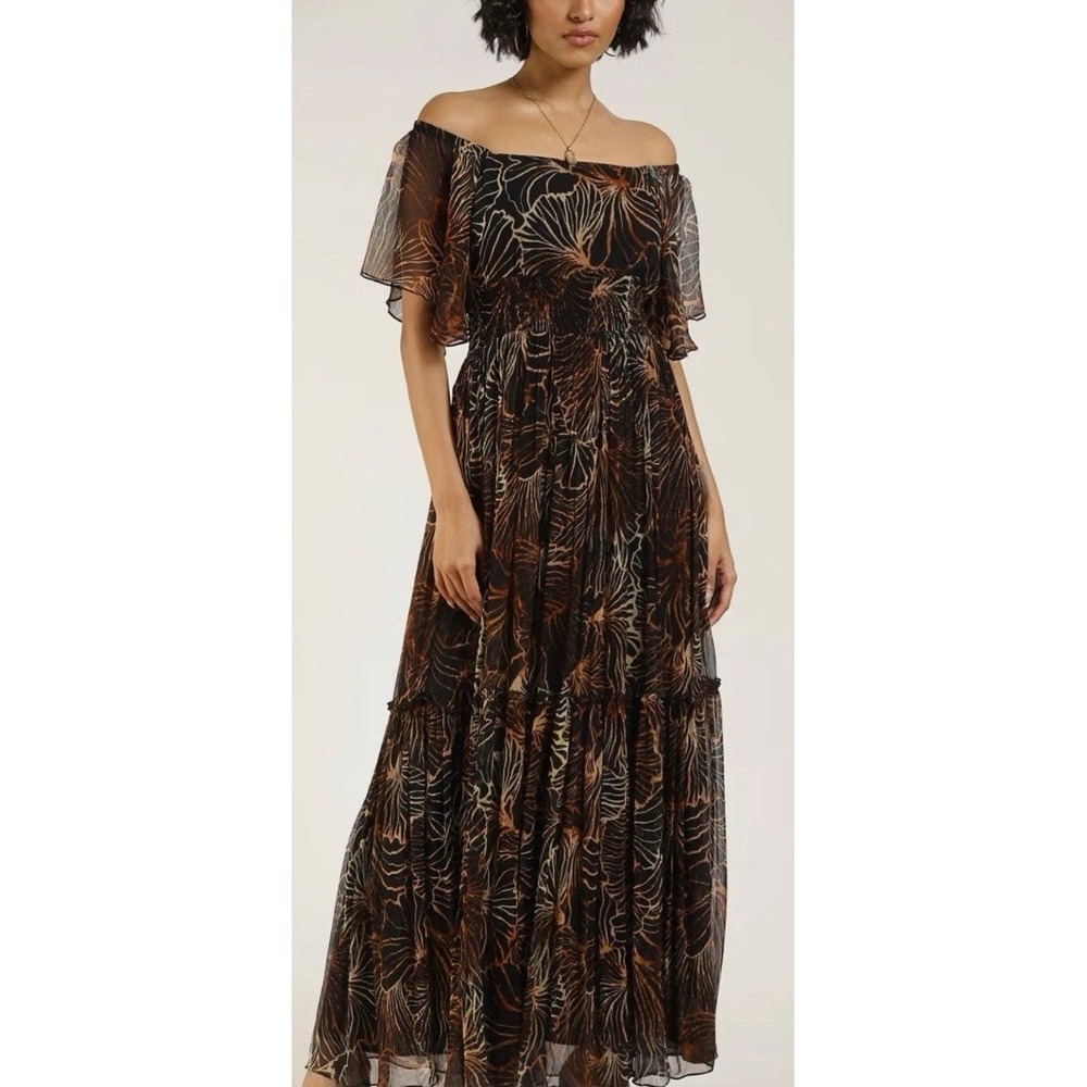 Label Ritu Kumar Womens XS Amber Floral Off Shoulder Chiffon Tiered Dress Boho‎